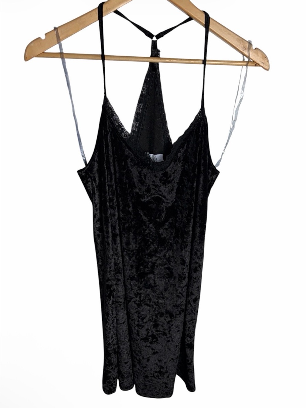 Black crushed velvet racer back mini nightgown with lace trim size S